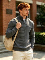 [Josh Mei OBM] Preppy Casual Style Men'S Jacquard Texture Henley Collar Long Sleeve Pullover, Diamond Check Patchwork Design with Ribbed Cuffs And Hem, Stretchy Skin-Friendly Slim Fit Fall Winter Versatile Style - Dark Gray
