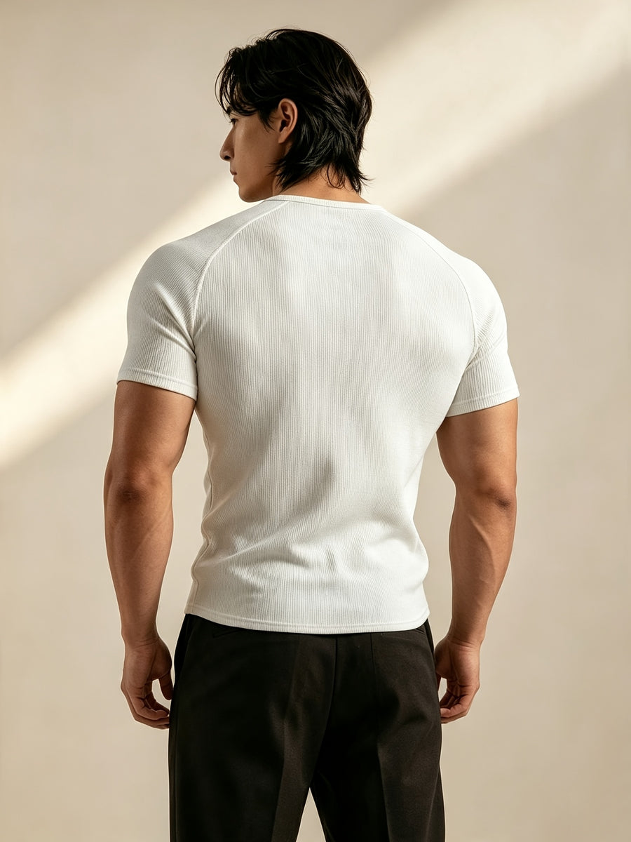 Men's Vertical Ribbed Pin Stripe Henley Neck Short Sleeve T-Shirt, Slim Fit Muscle-Defining Shaping Top, Stretchy Breathable Ribbed Raglan Sleeve Knitwear, Versatile Henley Shirt for Fitness, Commuting, and Daily Wear - White