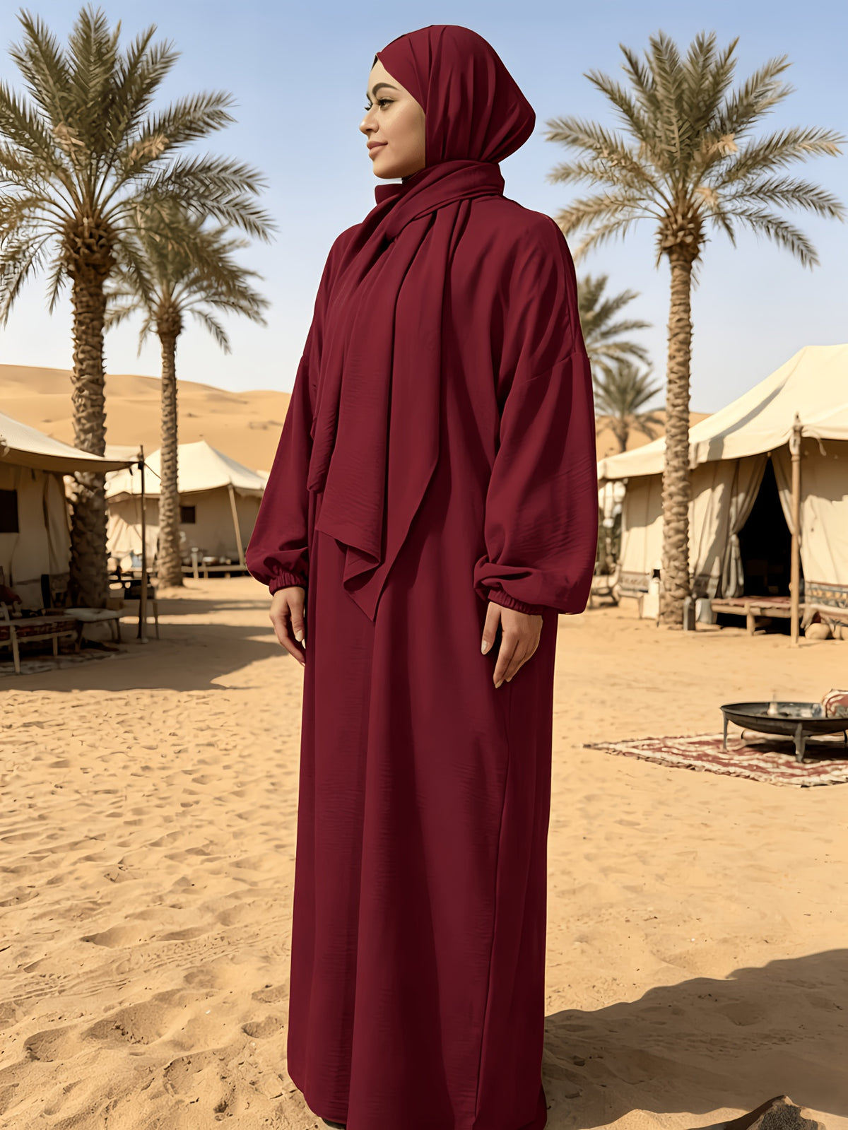 1pc And Abaya One-Piece Dress, Prayer Jilbab Fashionable, Elegant And Casual Solid-Colored Puff Sleeve Suitable for Daily Wear. Loose And Comfortable Women'S Abaya Robe - Deep Red