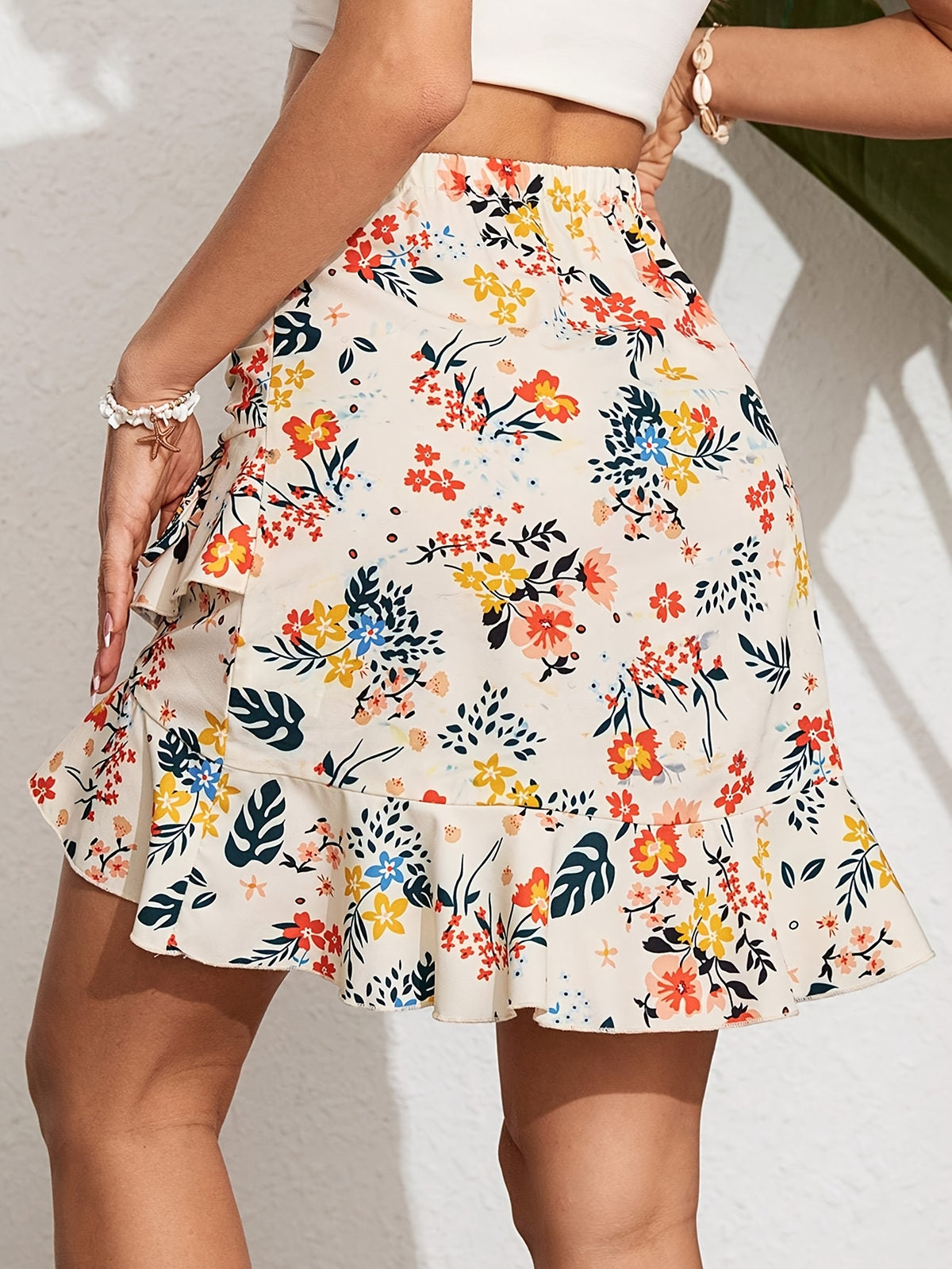 Vacation Floral Print Pleated Skirt with Lotus Leaf Hem - Mixed colors