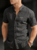 Josh Rose OBOM | Lightweight and Breathable Solid-color Button- Shirt with Geometric Pattern, Featuring a Simple Stand-up Collar Design. Suitable for Beach Vacations, Pool Parties, and Casual Wear. Comfortable and Simple for Daily Outings - Gray + Red + Earth Yellow