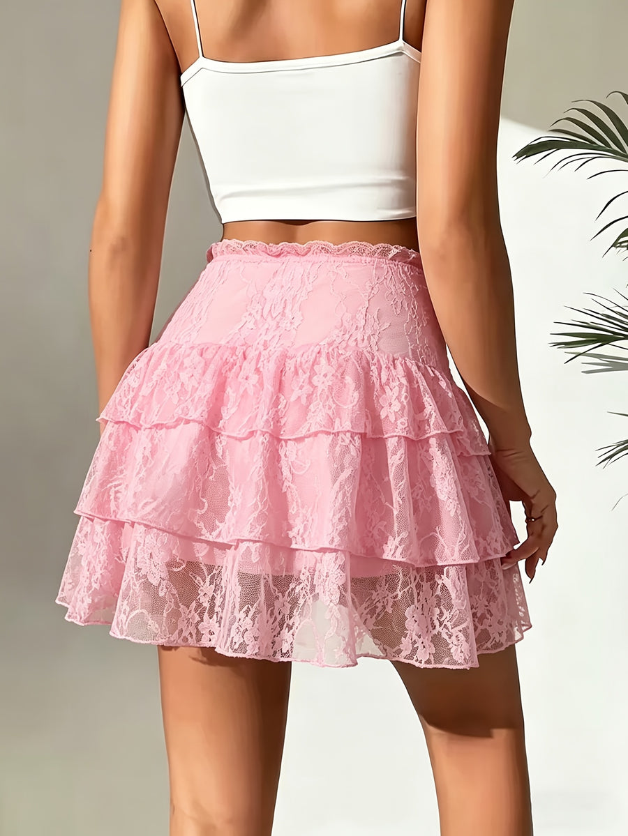 Spring And Summer New Sweet And Spicy Lace Cake Skirt, Anti-Exposure, Multi-Layered Lotus Leaf A-Line Fluffy Short Skirt - Pink