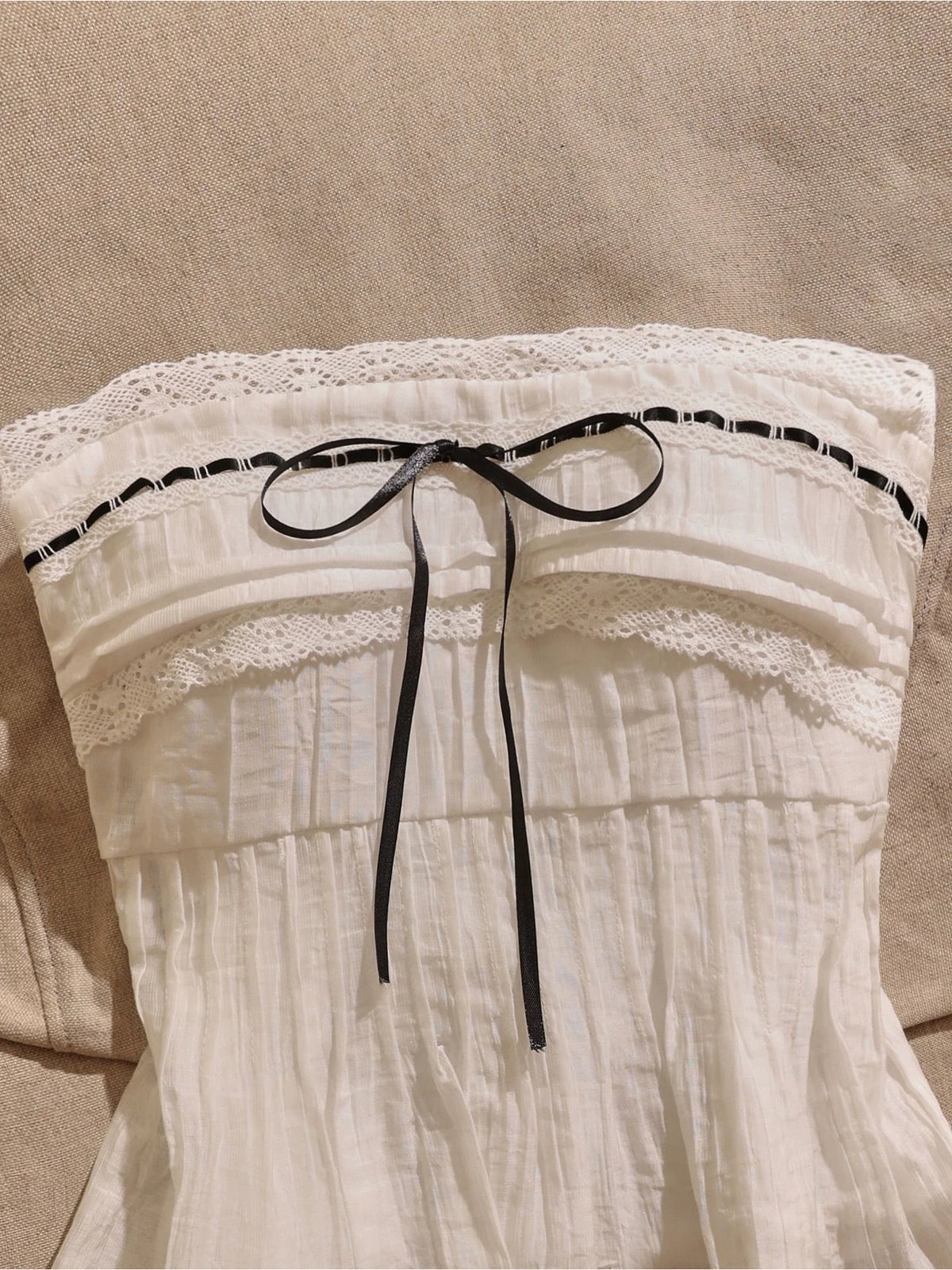 Women'S Spring Summer Strapless Top with Lace Trim Black Ribbon Bow Fashion Top - Ivory White