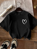 Pattern Print Short Sleeve, Casual Round Neck T-Shirt, Standard Size Women's - Black