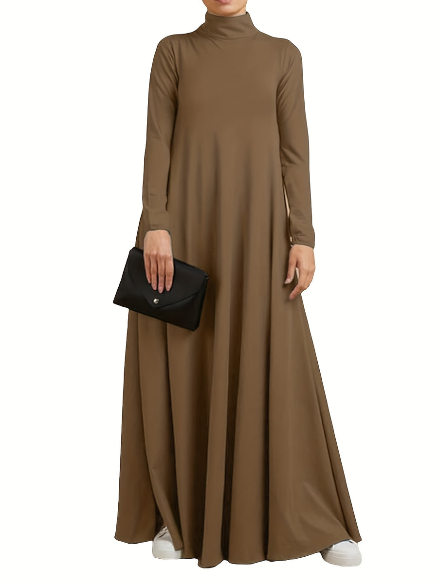 Women'S High Neck Long Sleeve Casual Loose Solid Color Long Dress - Khaki