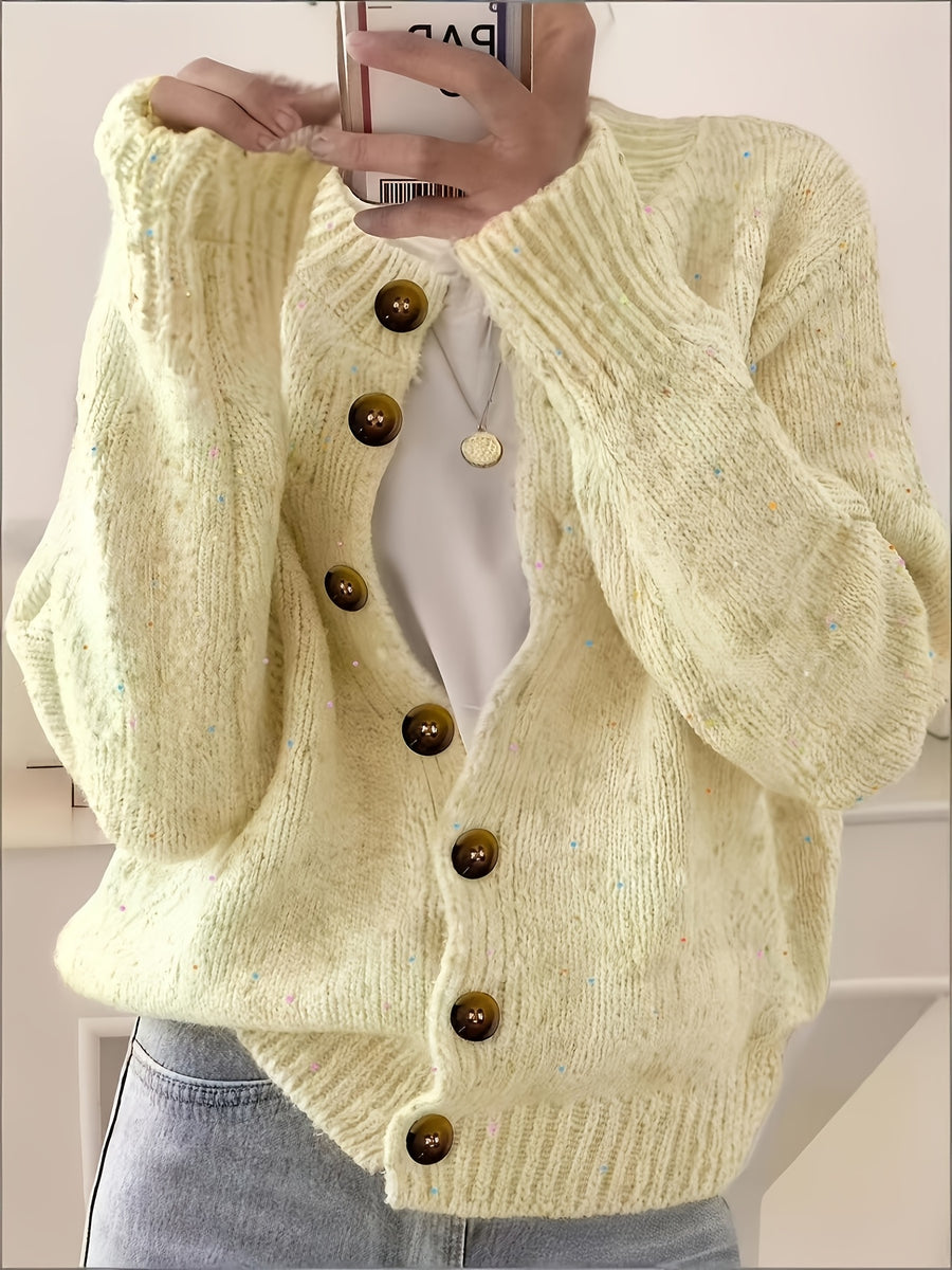 Women's Casual Colorful Button-front Cardigan with Soft Long Sleeves, Round Neck, Light-weight Fashion Candy-colored Dot Pattern, Casual and Elegant Garment | Stretch Fabric Cardigan Suitable for Casual Attire - 【Light Yellow】