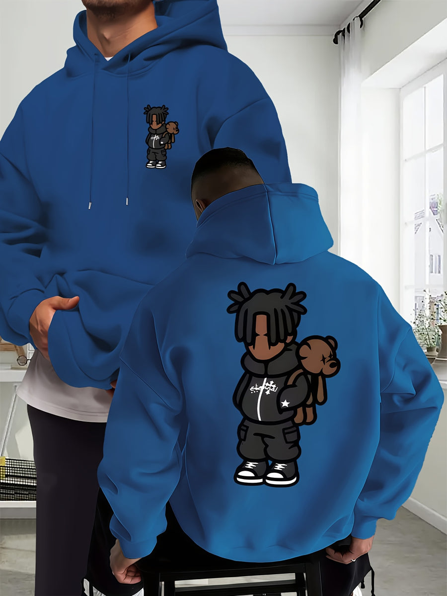 Cartoon Men's New Trendy Autumn Winter Hoodie, Casual Daily Drawstring Hooded Sweatshirt with Creative Design Print, Front Kangaroo Pocket, Unisex Top - Peacock Blue