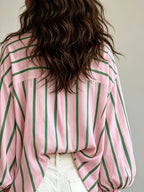Spring Summer New Style Retro Striped Long Sleeve Women'S Shirt, Loose Vacation Style Beach Top, Casual Commute - Pink And Green Stripes