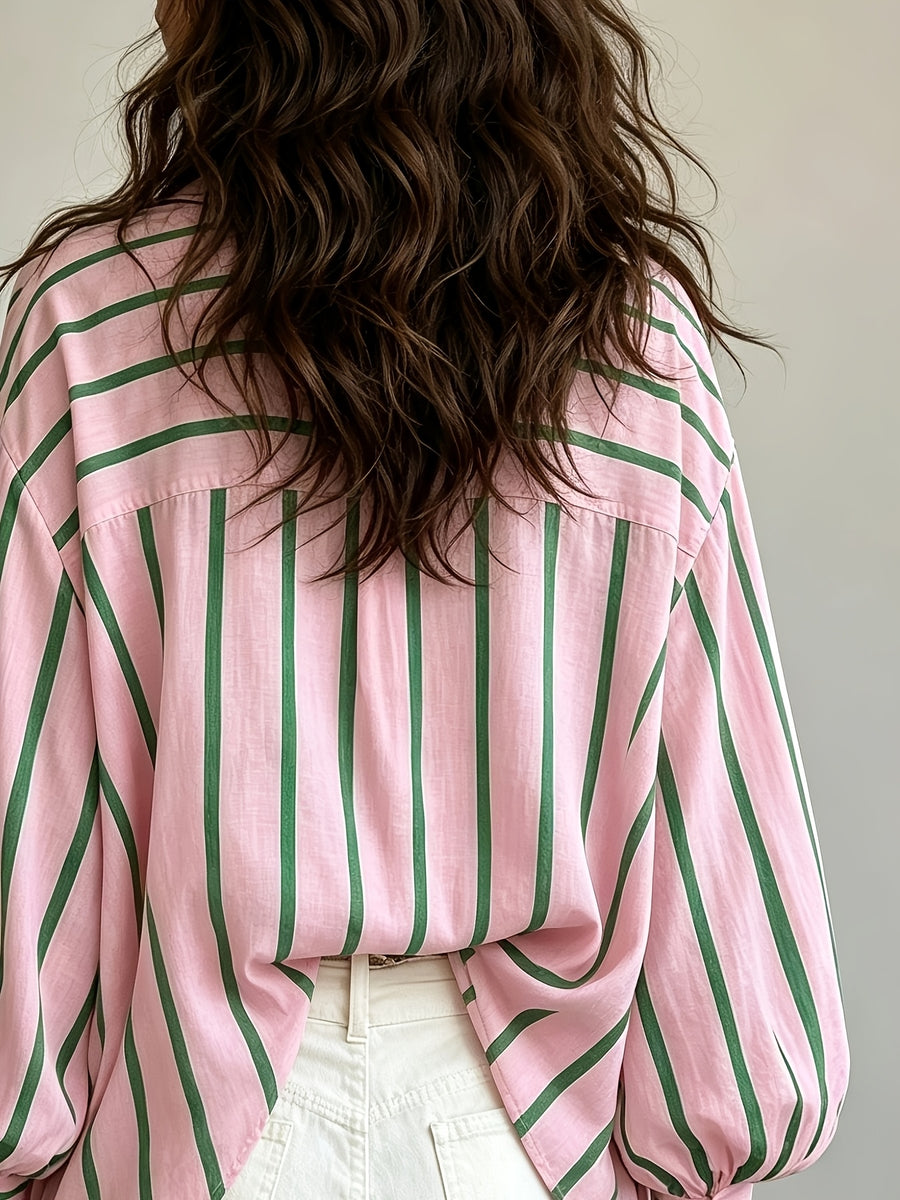Spring Summer New Style Retro Striped Long Sleeve Women'S Shirt, Loose Vacation Style Beach Top, Casual Commute - Pink And Green Stripes