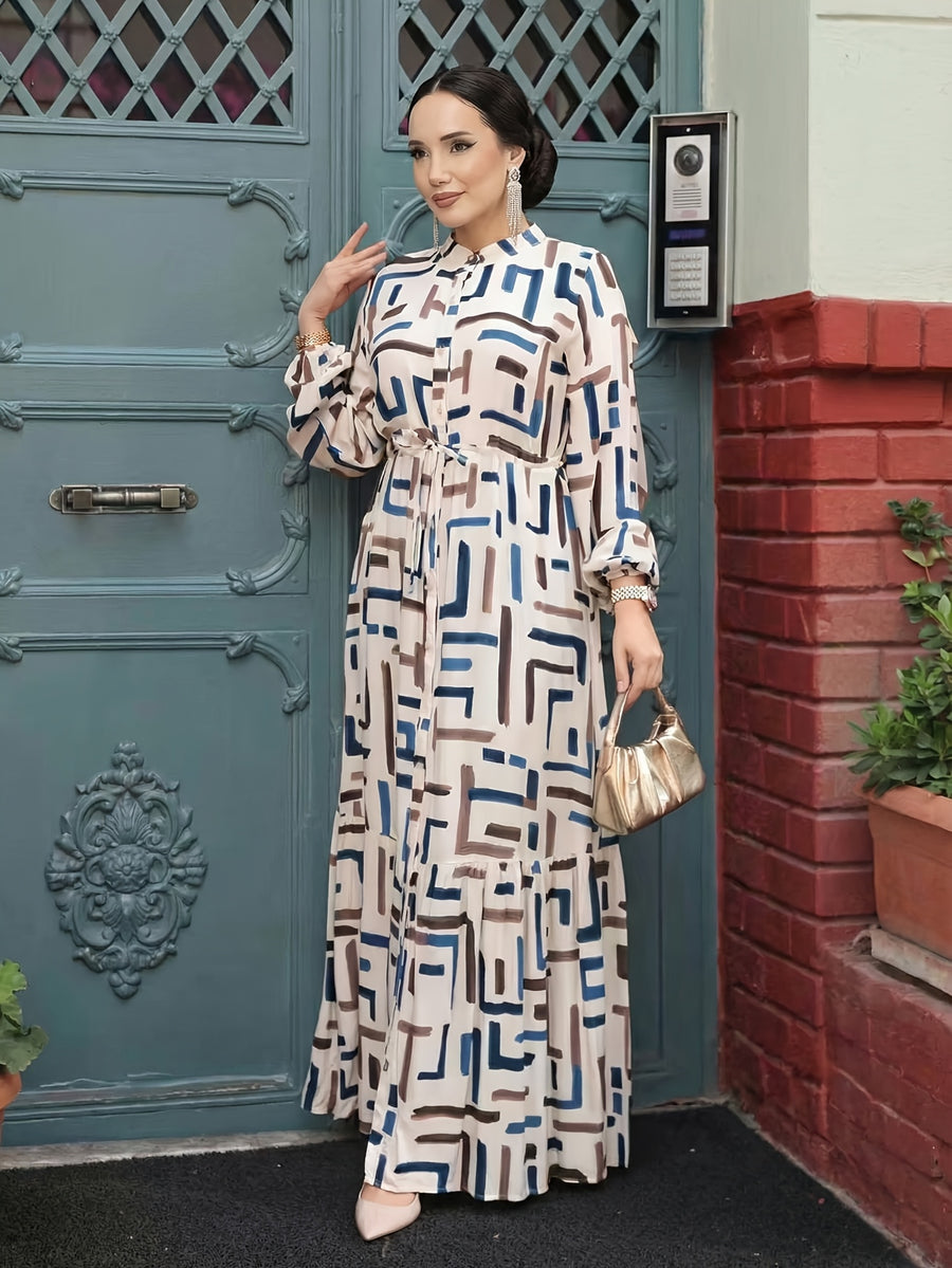 Middle Eastern Muslim Abayas, Elegant Temperament Printed Round Neck Puff Sleeve Tie-Up A-Line Robe, Headscarf Not Included - Navy Color