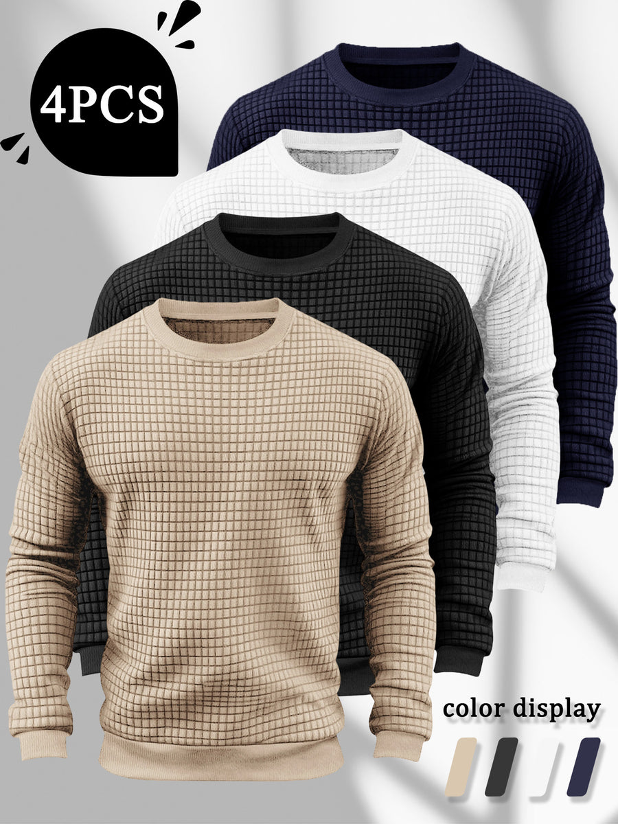 4pcs Men's Textured Sweatshirt, Fashionable Jacquard Texture Crew Neck Sweatshirt, Three-Dimensional Pineapple Check Pattern Solid Color Pullover, Spring and Autumn Warm Long-Sleeve Sweatshirt, Men's Fashionable Solid Color Simple Lightweight - Khaki + Black + Natural White + Navy Blue