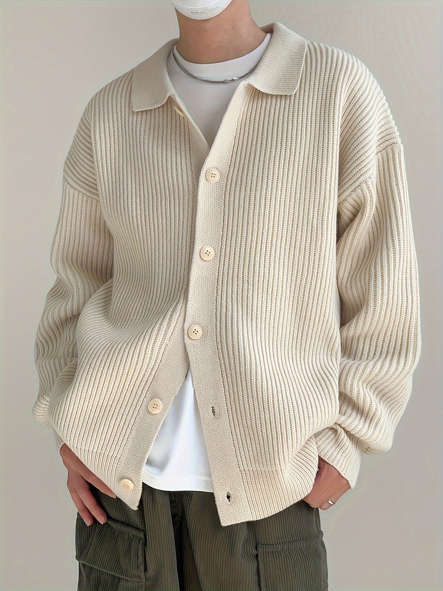 Men's Casual Knit Cardigan - Solid Color, Button-Up with Lapel Collar, Loose Fit for Fall/Winter - Apricot