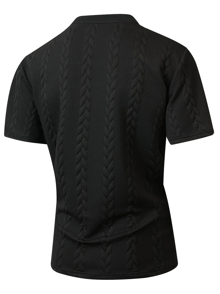 Summer Men'S Jacquard Brocade Short Sleeve T-Shirt, Solid Color Round Neck with Pocket, Loose Fit Casual Versatile Plain T-Shirt - Black