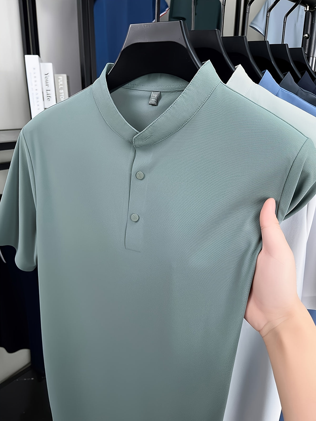 Men's Summer Mid-Life Seamless Stand Collar Short Sleeve T-Shirt, Solid Color Polyamide-Spandex Breathable Half-Sleeve Tee - Bean Green