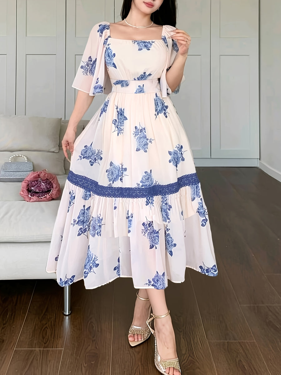 Women's Elegant Square Neck Bell Sleeve Maxi Dress with Waist-Cinching - Short Sleeve -Line Dress Suitable for Date Night, Wedding Guest, Vacation Dress, Machine Washable Spring Summer Formal Outfits - Blue