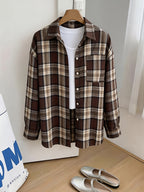 Women'S Spring Summer New Checkered Printed Lapel Long Sleeve Loose Casual Fashion Shirt - 【Brown】