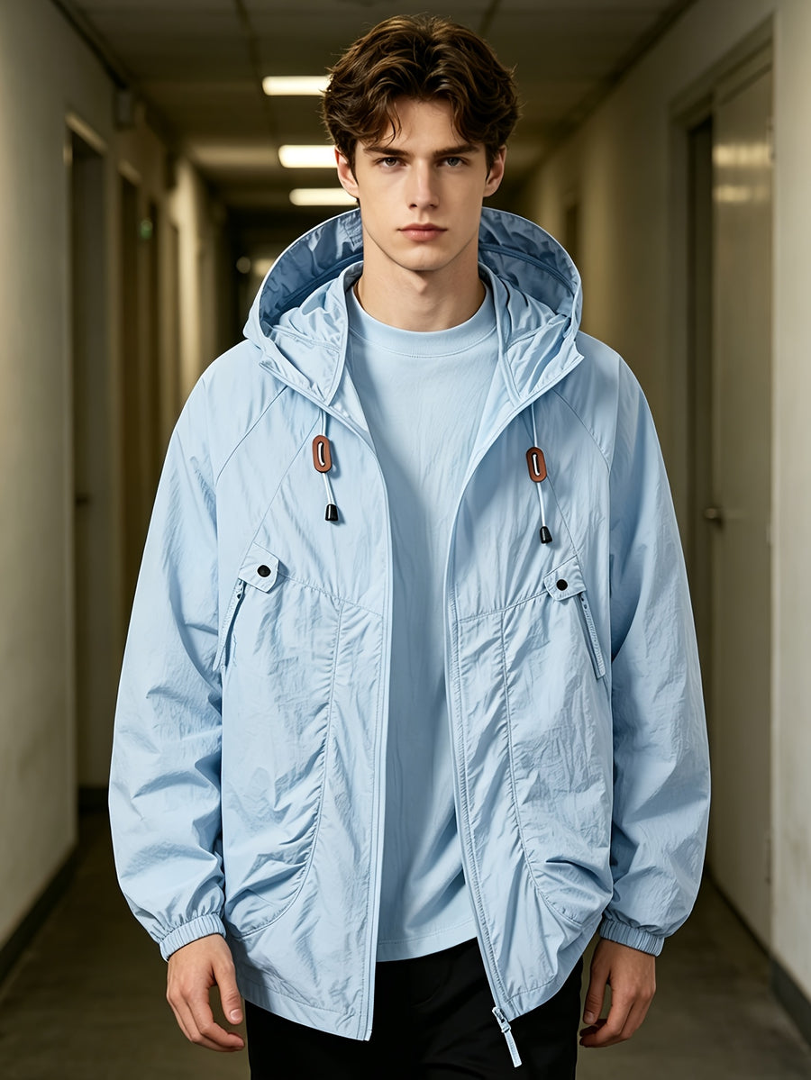 Men'S Spring Autumn Hooded Solid Pocket Jacket Sunscreen Top, Suitable for Outdoor Running Sports Commuting - 2390-Moonlight Blue