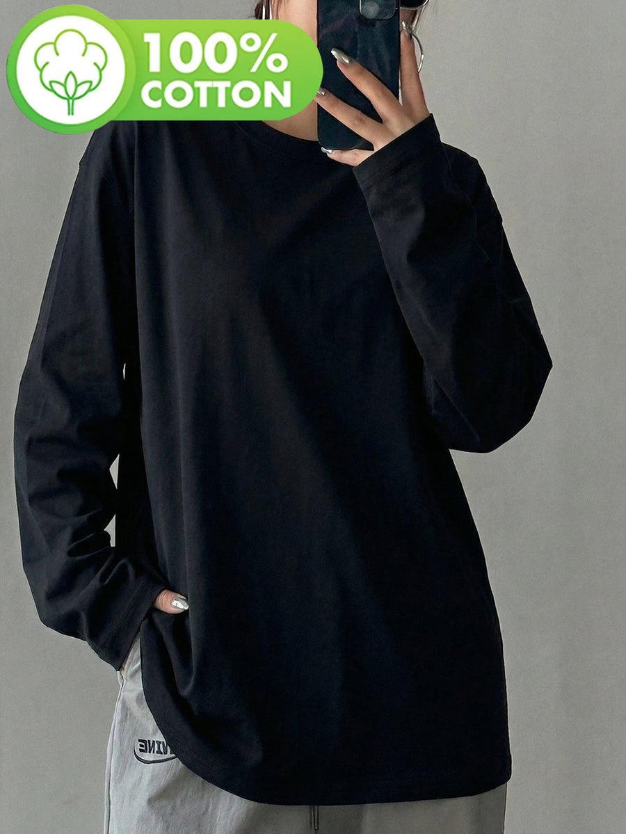 Women'S 100% Solid Color Long Sleeve T-Shirt, Round Neck, Comfortable Casual Wear for Everyday Use - Black