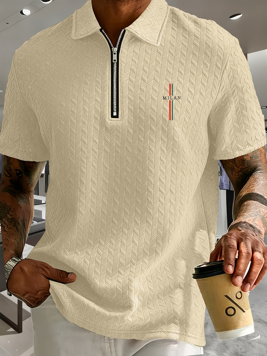 Men'S Summer Fashion Breathable Polo Shirt Short Sleeve, Easy Style, 3D Jacquard Texture Fabric, Vertical Texture Very Good, Zipper Collar Design, Easy Style Small Print Pattern And Zipper Details - Khaki