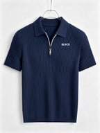 Men'S Summer Casual Lapel Shirt Outdoor Sports Comfortable Print Half-Zip POLO Shirt - Navy Color