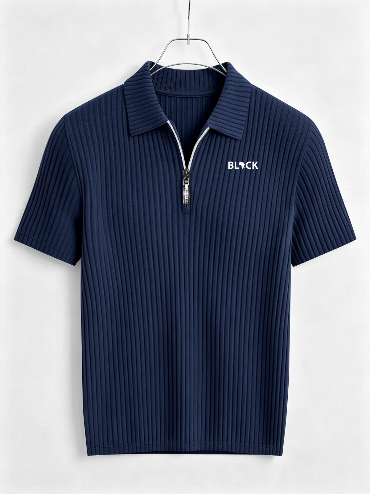 Men'S Summer Casual Lapel Shirt Outdoor Sports Comfortable Print Half-Zip POLO Shirt - Navy Color