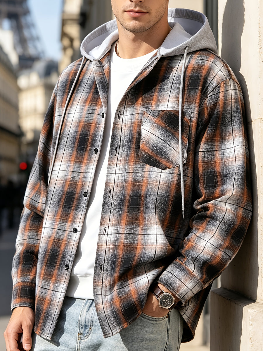 Men'S Hooded Plaid Shirt Jacket, Classic Color-Block Checkered Design, Layered And Practical, Loose Drop Shoulder Fit, Easy And Elegant Chest Pocket Detail, Suitable for Spring/Autumn Daily Commute, Casual Outings, And Dates - Huang Haige