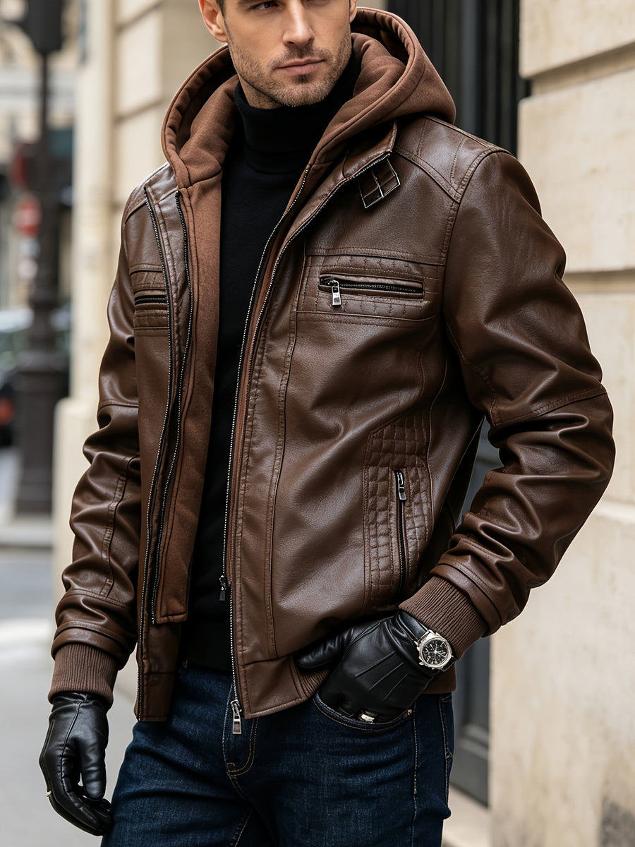 2026 New Fall Winter Men'S Faux Leather Hooded Jacket, Motorcycle Faux Leather Coat, Slim Fit Warm Outerwear with Multiple Zipper Pockets, Versatile Top for Daily Travel, Casual, Work Commute & Outdoor Activities - Dark Brown