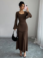 Women'S Solid Ribbed Flared Sleeve Back Tie Traditional Long Dress Elegant Long Dress - Coffee Color