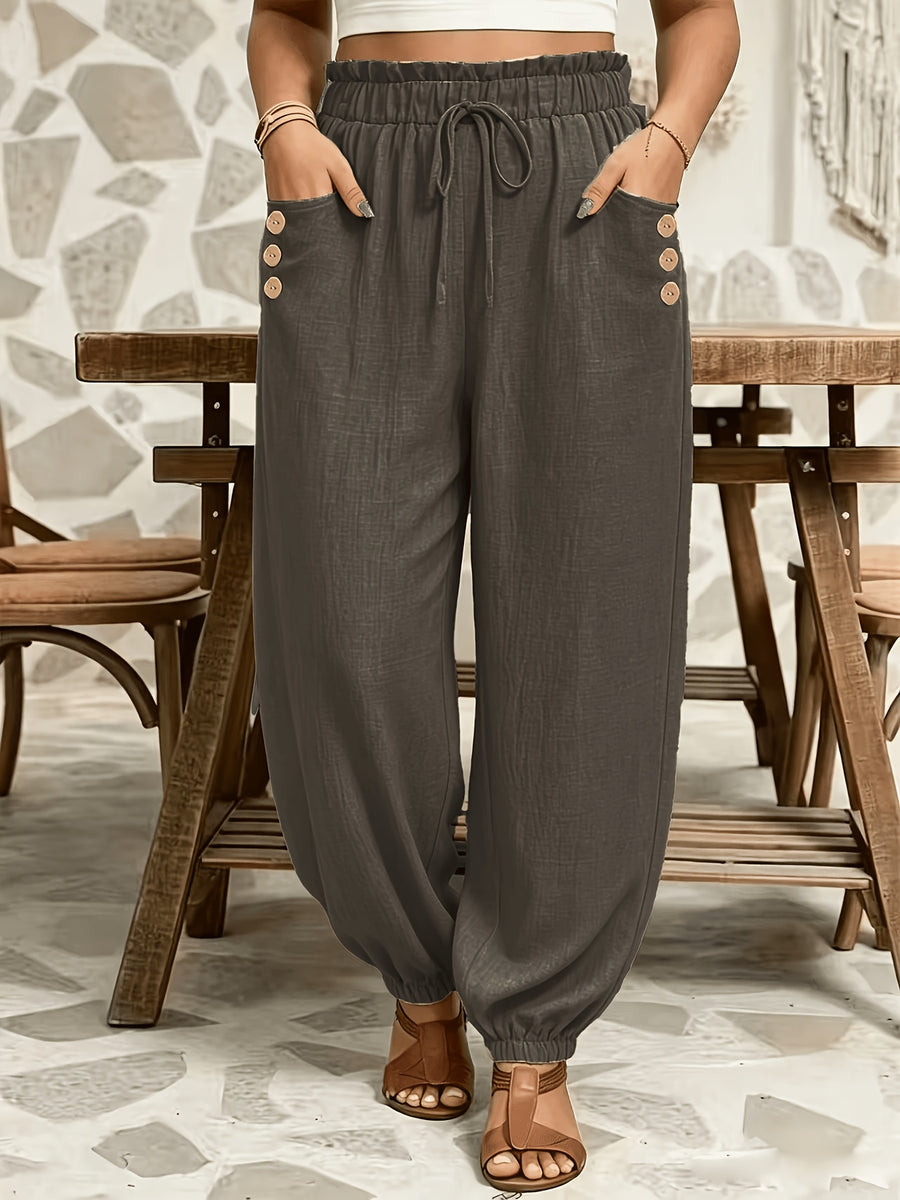 Plus Size - All Seasons Plus Size Beautiful Women'S Casual -Like Rubber High-Waist Scalloped Trim Tie-Pocket Women'S Long Pants, Casual Daily Versatile Vacation Holiday Style - Dark Gray