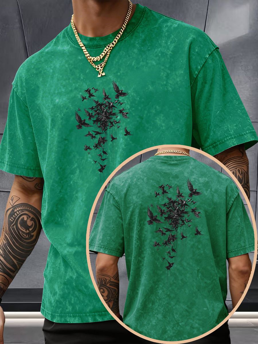 Short Sleeve Top, Pure Washed Distressed Loose Short Sleeve, Raven Flying Bird Front And Back Trendy Print Casual Match, American Street High Street Hip-Hop Couple Style, Daily Outing Commute Sports Fitness Street Style Y2K National Trend T-Shirt - Green