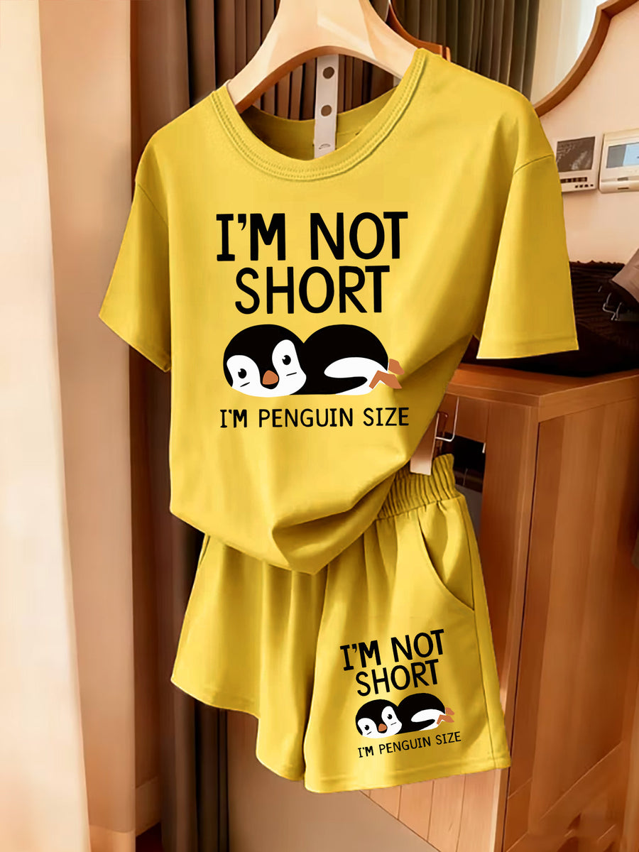 2pcs Women'S Summer Short Sleeve Set - I'M NOT SHORT Fun Penguin Print Short Sleeve And Shorts Outfit, Comfortable, Soft, Breathable Sportswear for Daily Wear, Suitable For, Campus, Valentine'S Day, Women'S Pajamas, Jogging, Fitness - Yellow+yellow