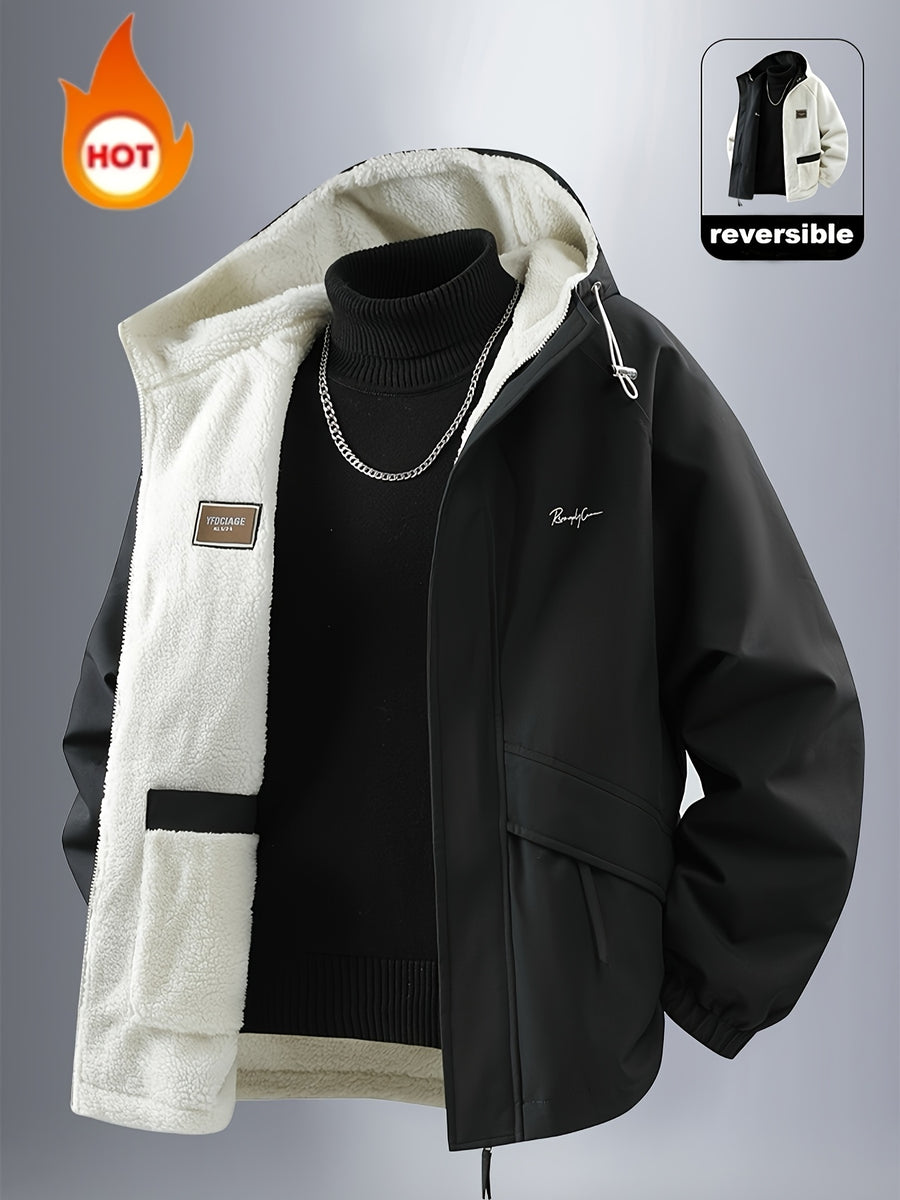 Men'S Jacket, Men'S Casual Outdoor Sports Warm Hooded Jacket, Reversible Jacket, Made of Windproof And Wear-Resistant Fabric, Warm And Comfortable Fall Winter Style 1pc - Black