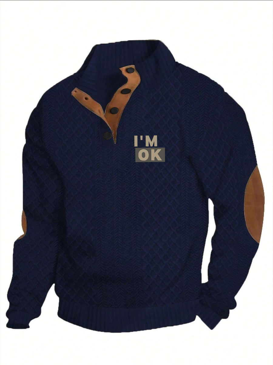 1pc Men'S Stand-Up Collar Jacquard Knit Henley Shirt, Mature Retro Mock Neck Pullover Polo, Random Texture Color-Block Neckline Jacquard Patchwork Design, Suitable for Outdoor Casual Sports Wear, Can Be Used As a Men'S Birthday Gift - Navy Color