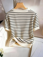 Women's Elegant V-Neck Striped T-Shirt - Soft Medium-Stretch Suitable for - Casual Blouse Striped Top, Machine Washable Non-Sheer V-Neck Shirt for Office, Layering & Casual Attire (Year-Round Wardrobe Essential) - Apricot