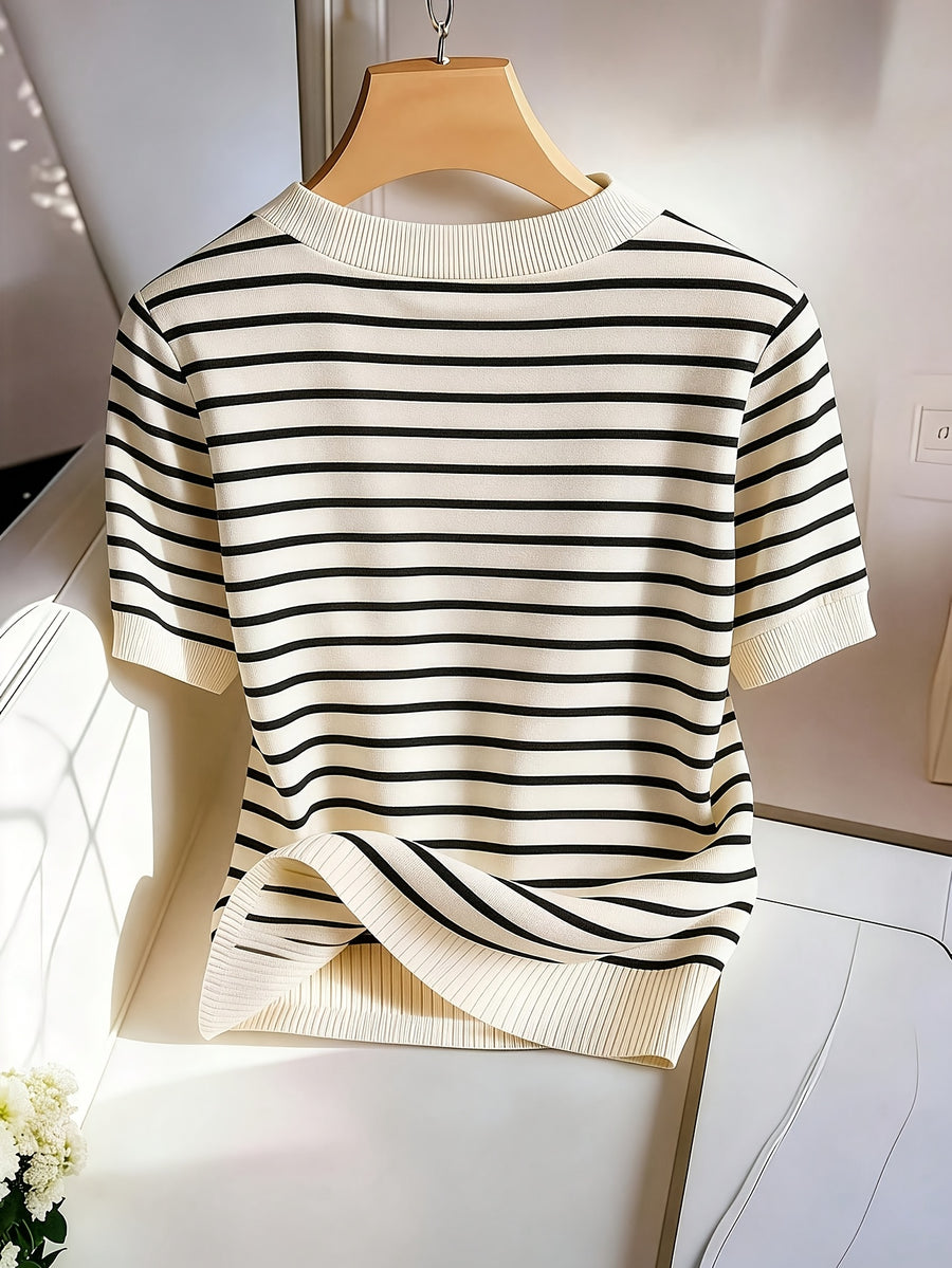 Women's Elegant V-Neck Striped T-Shirt - Soft Medium-Stretch Suitable for - Casual Blouse Striped Top, Machine Washable Non-Sheer V-Neck Shirt for Office, Layering & Casual Attire (Year-Round Wardrobe Essential) - Apricot