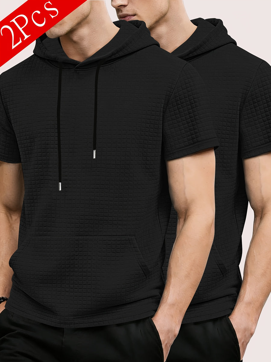 2pcs Men's Waffle Knit Short-Sleeve Hoodie with Kangaroo Pocket, Soft and Breathable Fabric, Multiple Color Options, Versatile, Simple, Stylish, and Casual for Daily Wear or Sports, a Great Choice for Holiday Gifts for Fathers, Partners, and Friends - Black+black