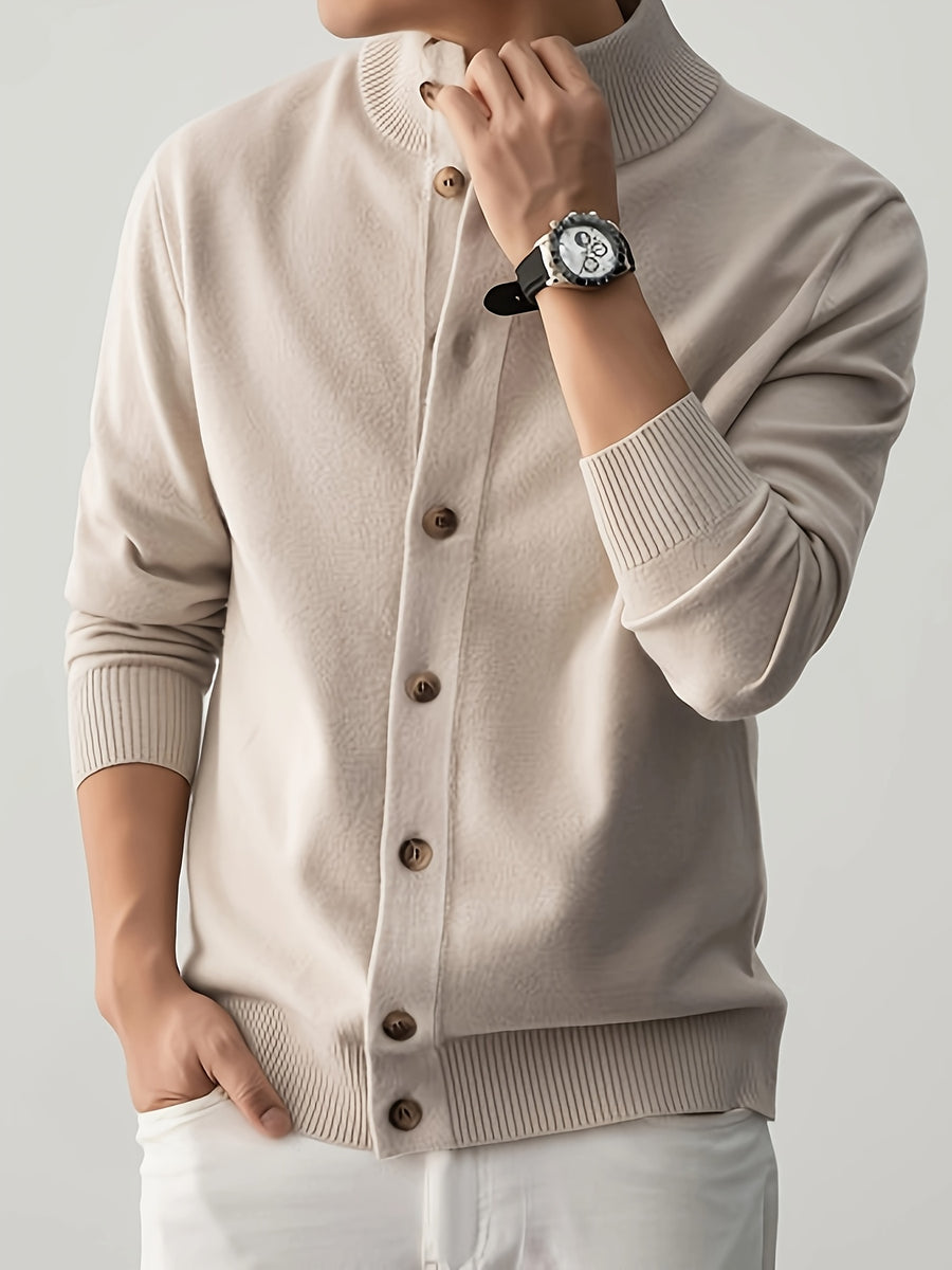 Easy Style Men'S Button-Up Knit Jacket, High-Neck Casual Sweater Coat, Fabric: 45% Acrylic, 26.9%, 22.7% Nylon, 5.4% Velvet Velvet; Stretchy Soft Sweater Outerwear, Suitable for Office And Street Casual Wear - Yami Apricot