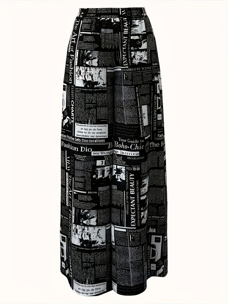 Newspaper Print Wide Leg Pants with Pockets | High Waist, Non-Stretch, Machine Washable, All-Season - Black