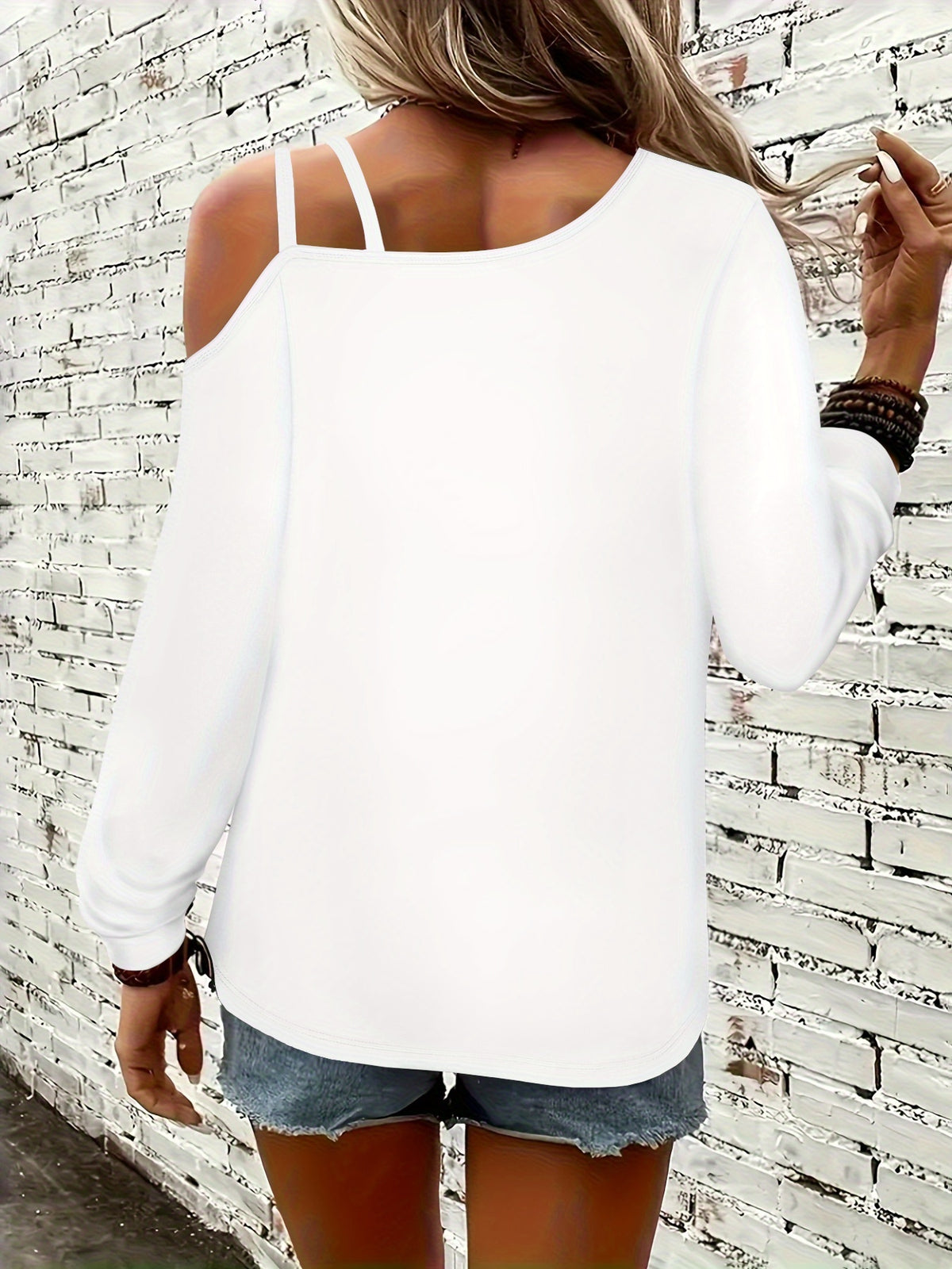 Beautiful Autumn/winter Women's Clothing Featuring a Female Back Silhouette Holding a Red Wine Glass and Giving a Victory Hand Gesture, with "Just Breathe" Text Pattern. Loose, Elegant, and Fashionable Sporty Casual Party Top - White