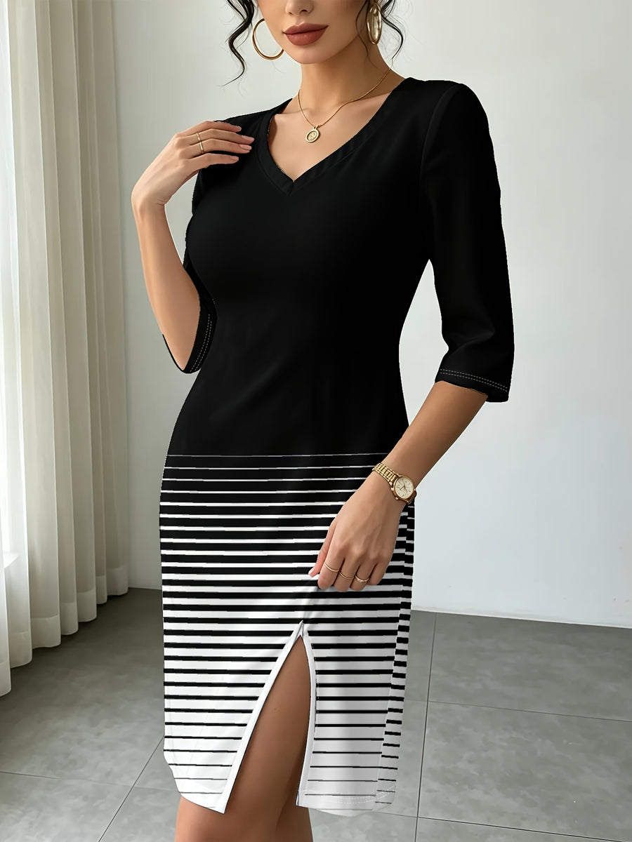 Black White GradientWomen Fall Winter V Neck Slit Dress, Daily Casual Gift Giving Party, Elegant Business Commute, Figure Flattering Trendy Digital Print. - Multicolor