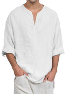 Spring New Men'S Long Sleeve Shirt Solid Color Loose Casual Soft Shirt Basic Daily Fashion V-Neck Men'S Top - Porcelain White