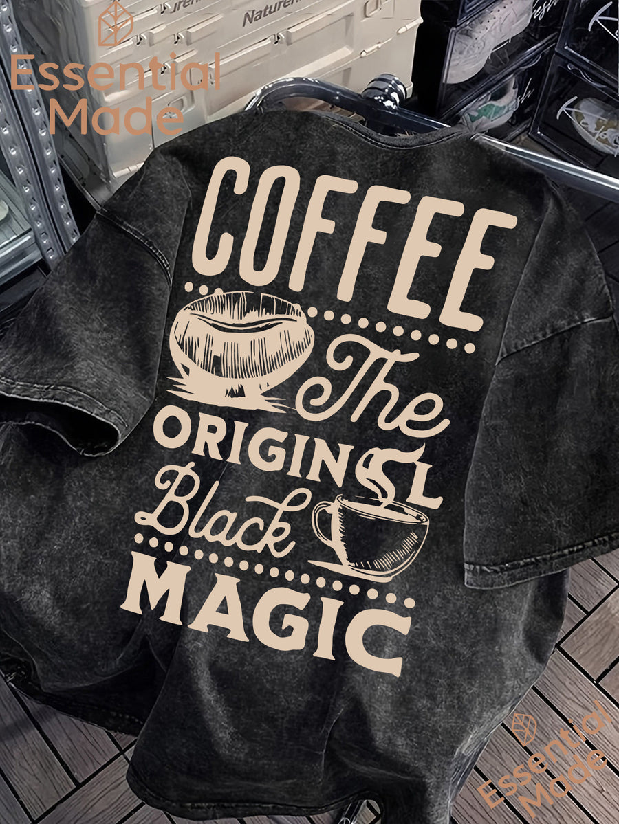 American High Street COFFEE Coffee Bean Cafe Themed Letter Print Distressed Washed Short-Sleeve T-Shirt - Loose Fit Casual American Vintage Style Men's Washed T-Shirt Casual Top - Black 1