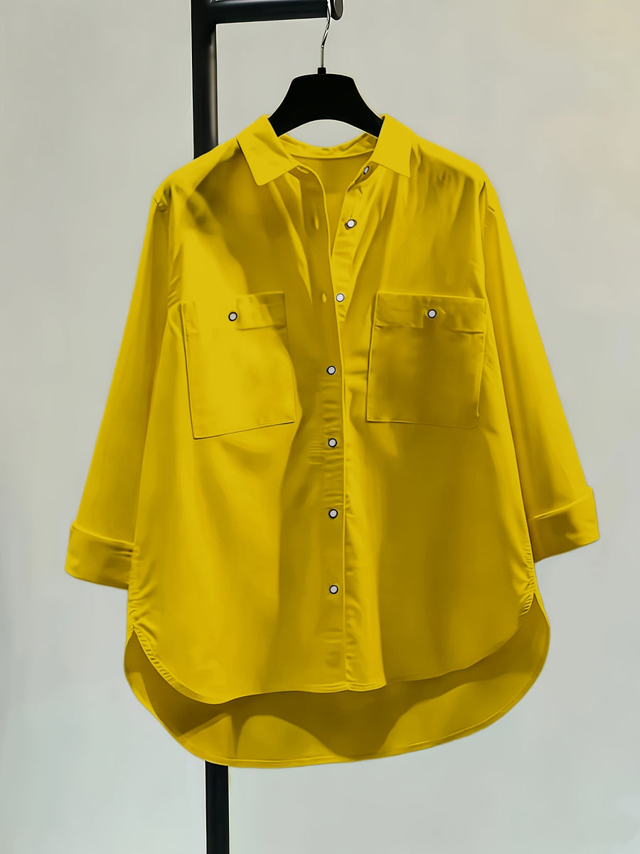 Women's Simple and Elegant Shirt Jacket, New Spring/Summer Style, Front Short Back Long, Versatile Loose Fit Casual Long Sleeve Top - Yellow