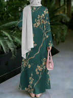 Women's Middle Eastern Style Muslim Elegant Robe, Dark Green with Golden Branch and Plum Blossom Print, Long Loose A-Line Flared Robe with Long Sleeves, for Daily Social Gatherings, Prayer, and Outings, Skin-Friendly and Breathable Non-Embroidered - Mixed colors