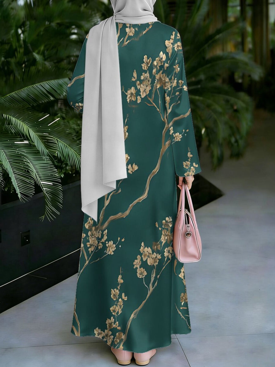 Women's Middle Eastern Style Muslim Elegant Robe, Dark Green with Golden Branch and Plum Blossom Print, Long Loose A-Line Flared Robe with Long Sleeves, for Daily Social Gatherings, Prayer, and Outings, Skin-Friendly and Breathable Non-Embroidered - Mixed colors