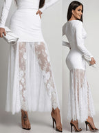 Lace A-line Skirt, Sexy Sheer Lace Maxi Dress, Suitable for Outings and Parties, Wearable in Spring and Summer, Women's Midi Skirt with Elastic Waistband, A-line Flared Skirt, Flared Hem, New Style Lace Slip Dress, Can Be Worn as a Layering Piece - White