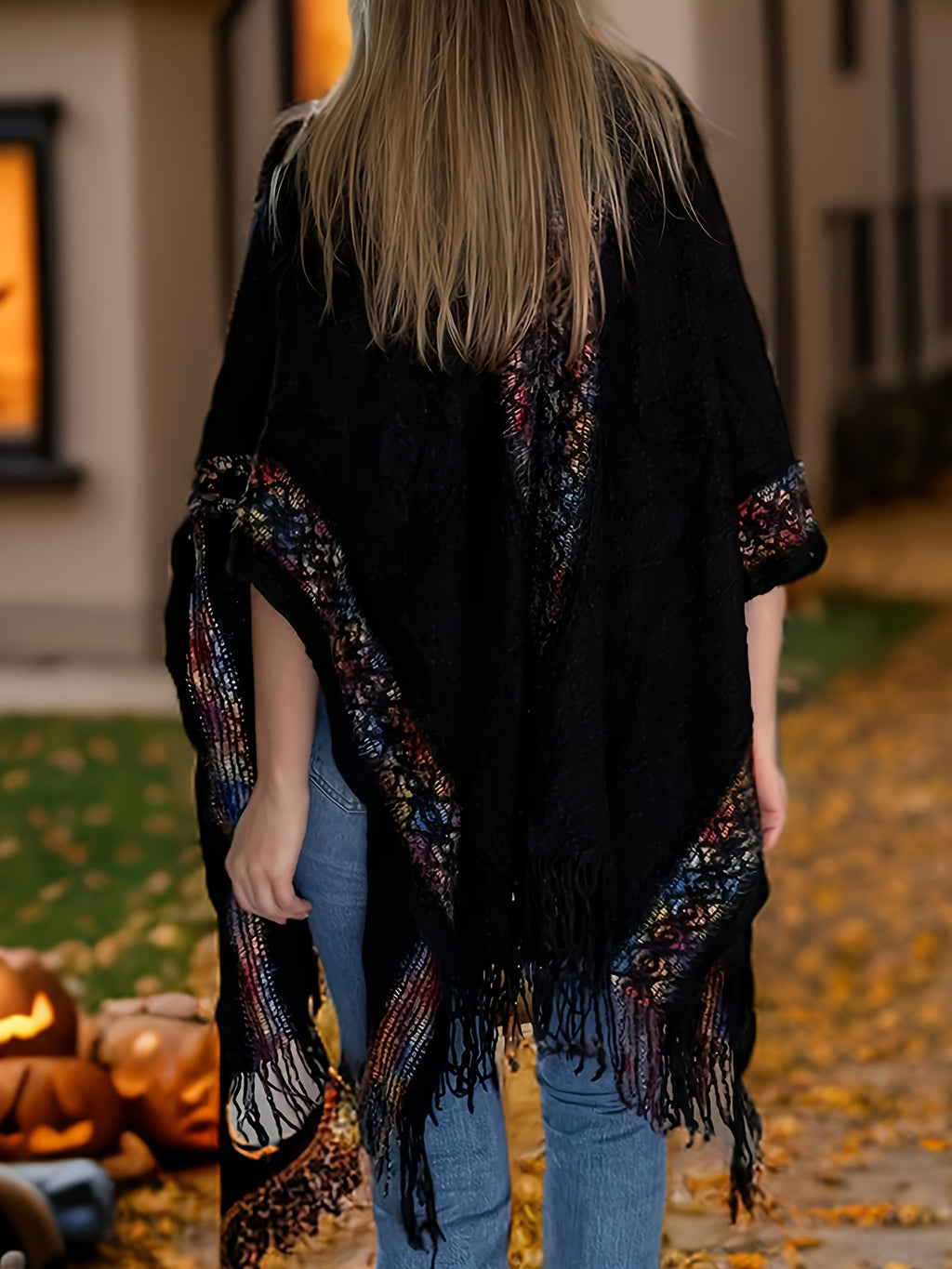 Elegant Special Edition 'Net Body Bust' Vacation Style 1pc Women's Diamond Jacquard Hooded Cape Cardigan, Vintage Ethnic Style Solid Color Tassel Fashionable Elegant European and American Style Warm Sweater Coat, Suitable for Spring, Autumn - Black