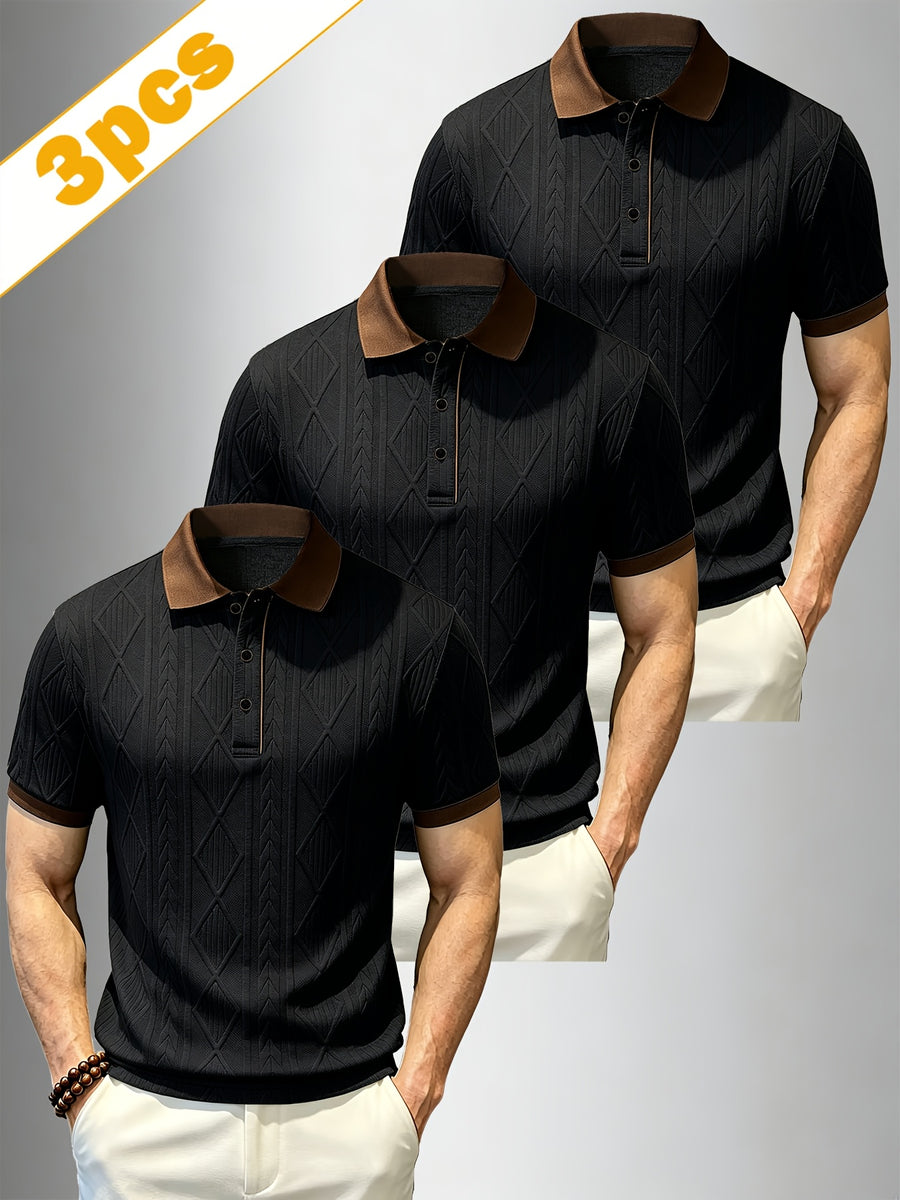 A Set of Three Stylish Men'S Jacquard Polo Shirts, Perfect for Spring, Autumn, And Summer. Made from Jacquard Fabric, They Are Comfortable, Skin-Friendly - Black