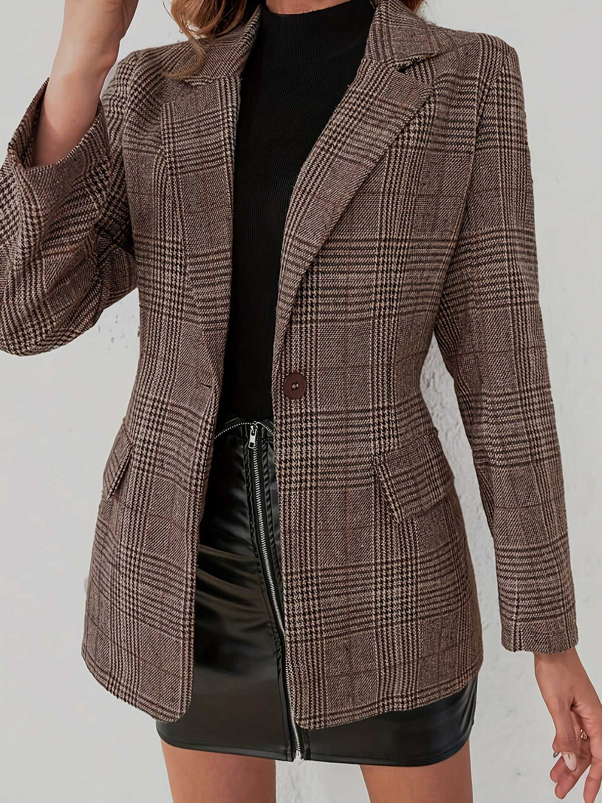 Plaid Pattern Single Breasted Lapel Blazer, Elegant Long Sleeve Blazer For Work & Office, Women's Clothing - Brown