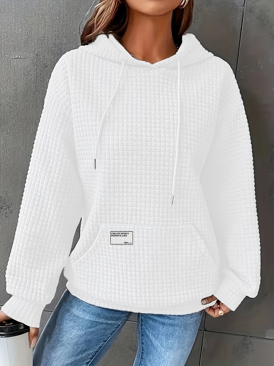 Women's Autumn/Winter Waffle Hooded Long-Sleeve Solid Color Sweatshirt - Ivory White